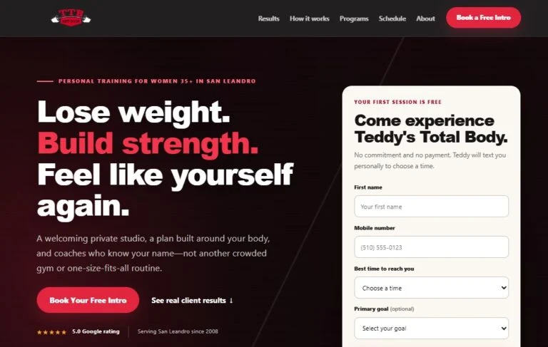 Teddy's Total Body one-on-one personal training landing page