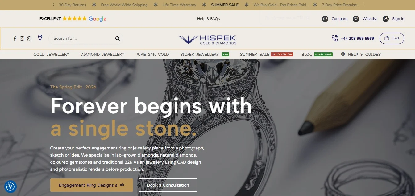 Hispek Diamonds website design, screen 1