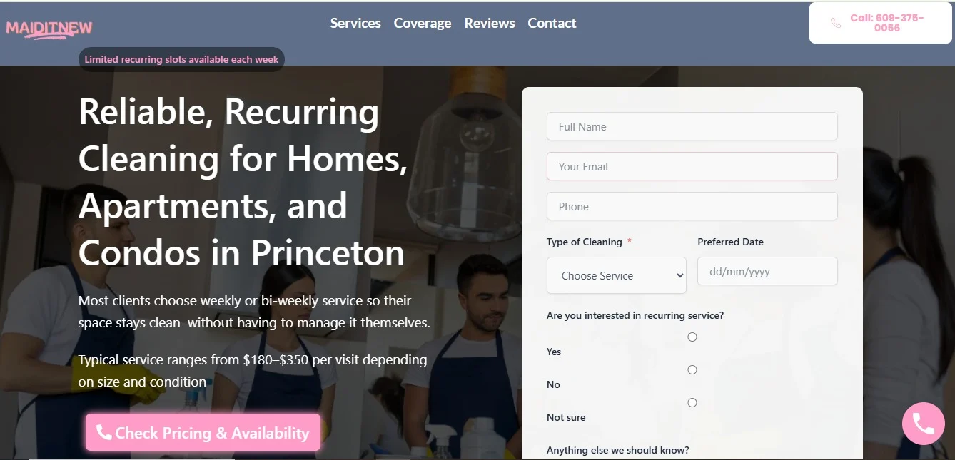 Maid It New residential cleaning Google Ads landing page