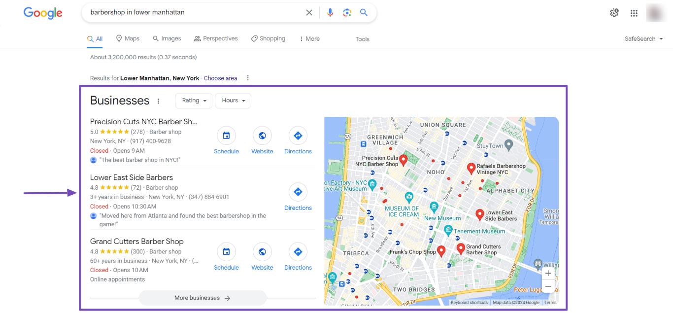 Google Maps local pack results screenshot
