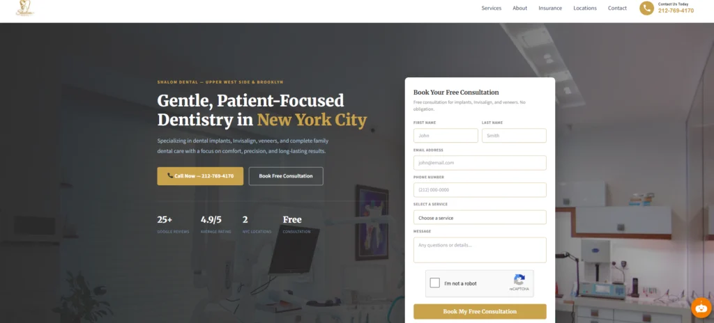 Shalom Dental website design, screen 2