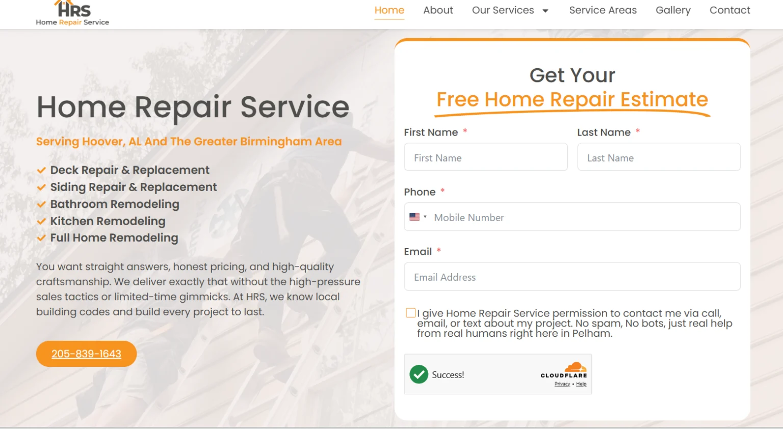 Home repair landing page design for HRS in Birmingham Alabama