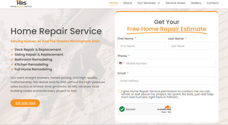 Home repair landing page design for HRS in Birmingham Alabama