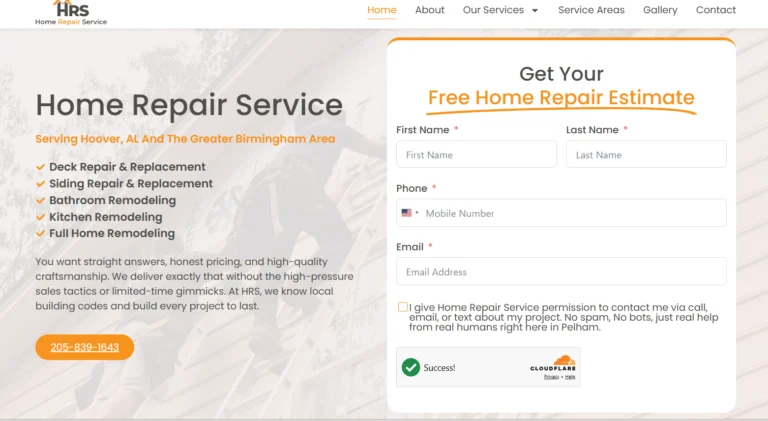 Home repair landing page design for HRS in Birmingham Alabama