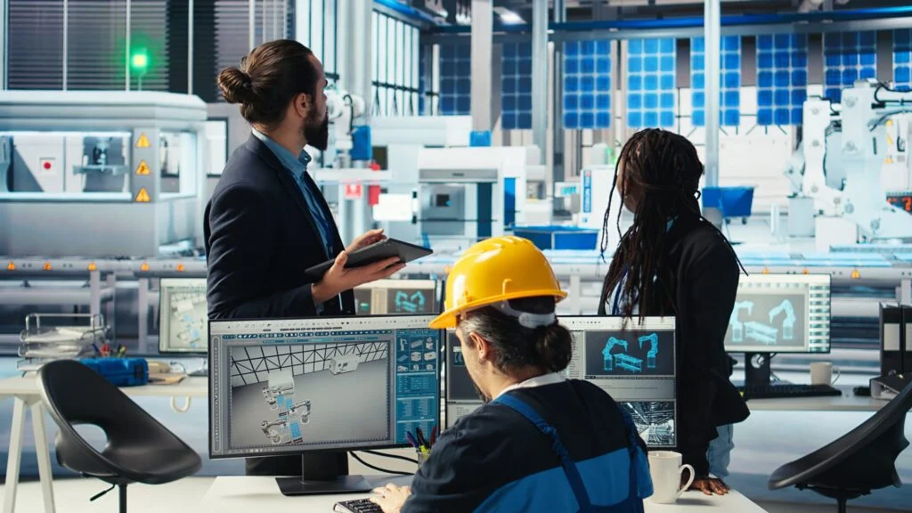 Engineers and plant managers discussing a project at a solar plant