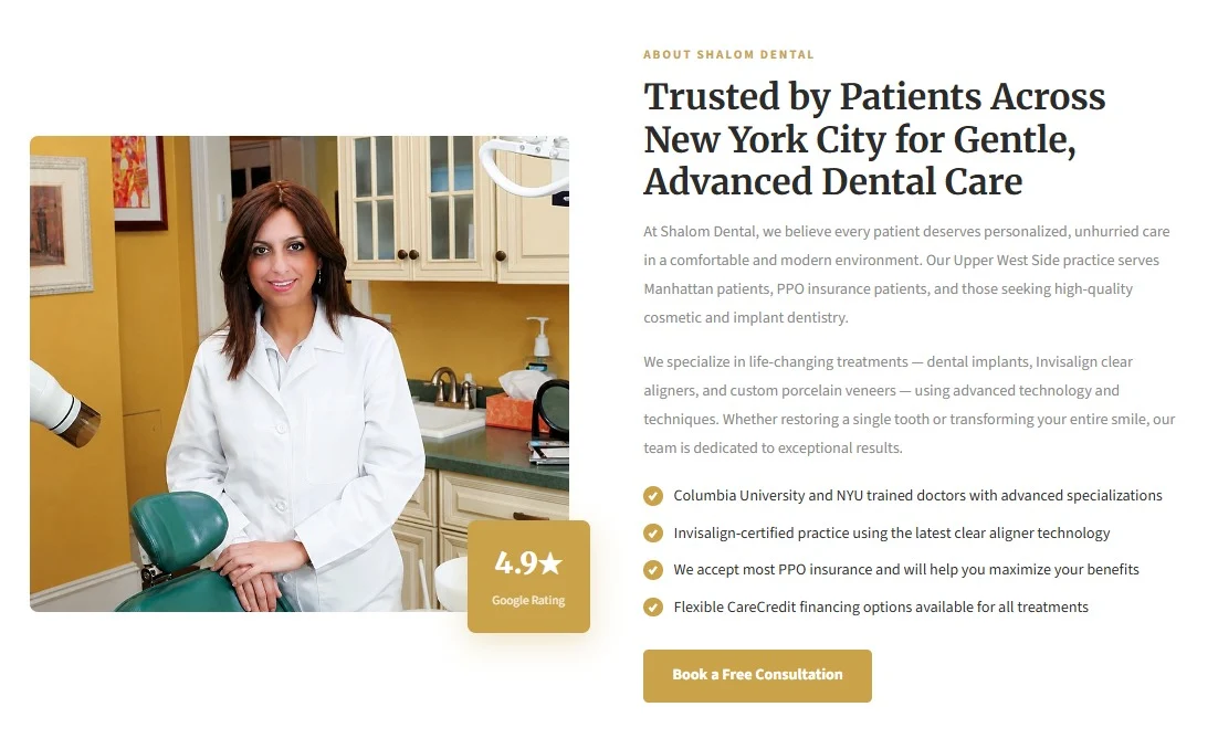 Shalom Dental website design, screen 3