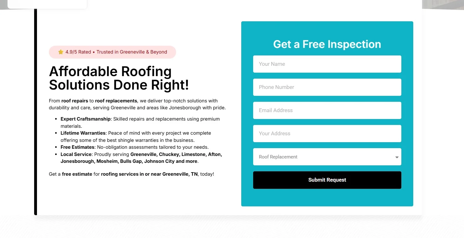 Covenant Roofing & Restoration / My Covenant Roofer website design, screen 2