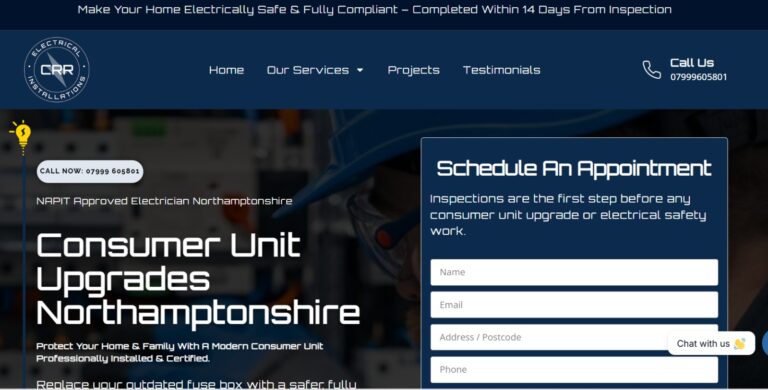 Electrician landing page design for CRR Electrical consumer unit upgrades in Northampton