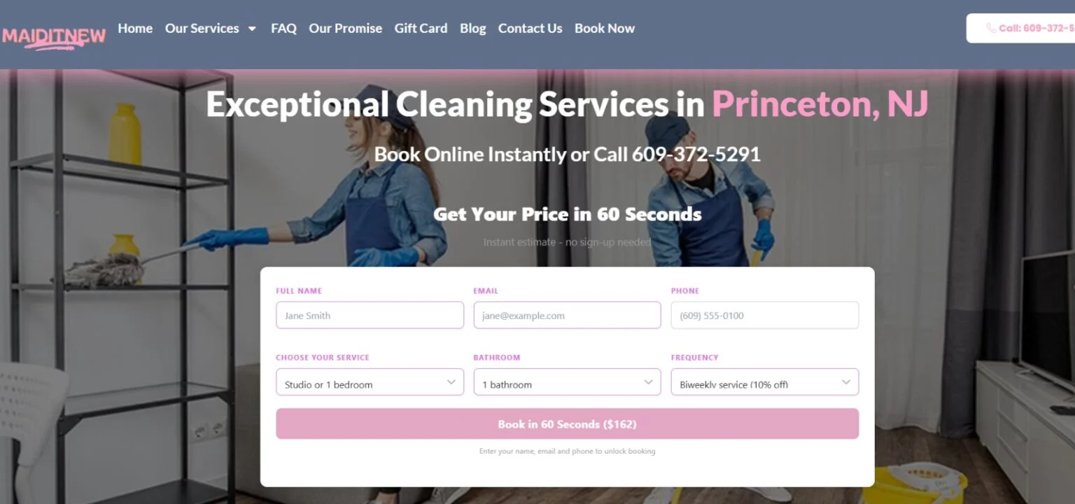 Cleaning company website design for Maid It New in Princeton New Jersey
