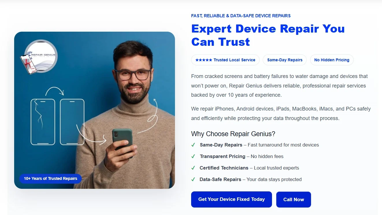 Repair Geniuses website design, screen 2