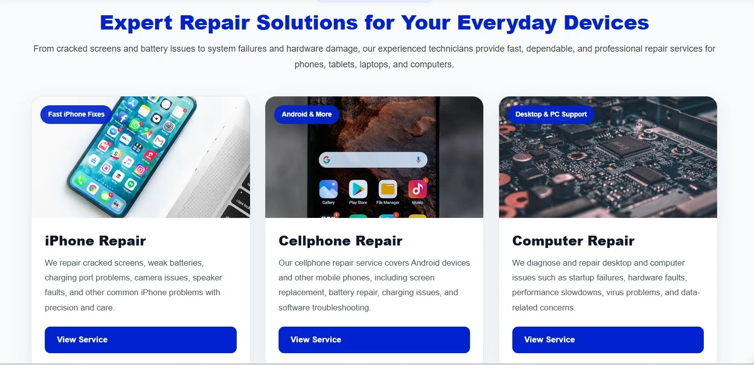Repair Geniuses website design, screen 3