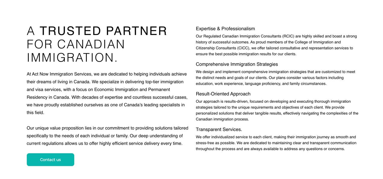 Act Now Immigration website design, screen 2