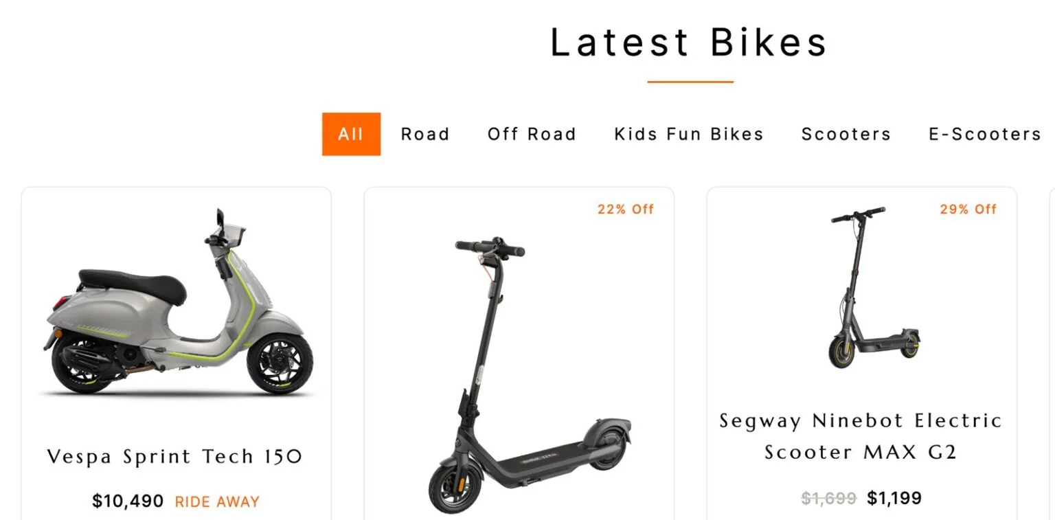 Advent Motorcycles website design, screen 3
