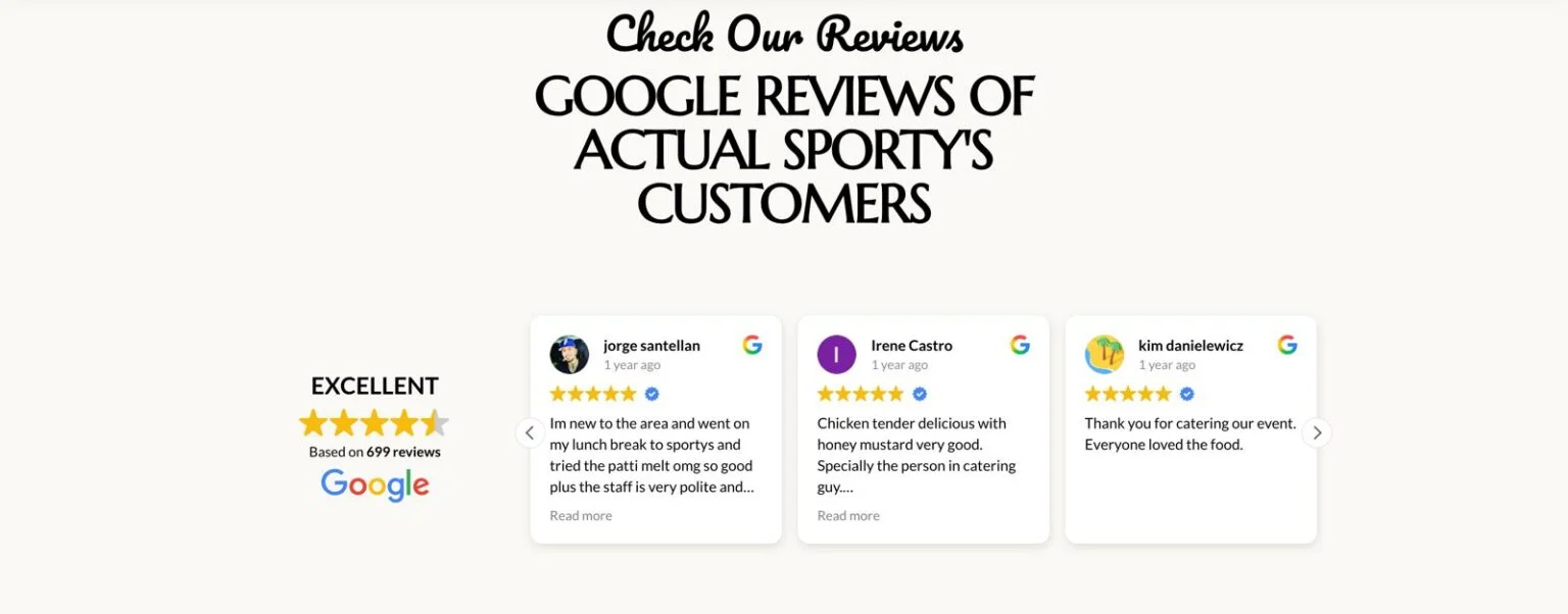 Sporty's Catering website design, screen 5