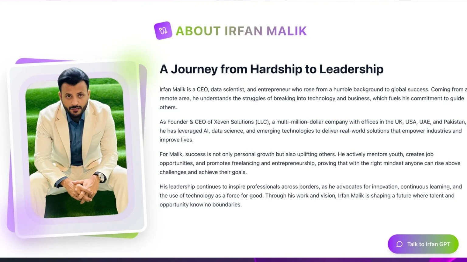 Irfan Malik website design, screen 2