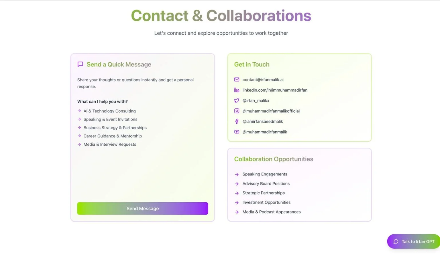 Irfan Malik website design, screen 9