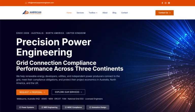 American Power Engineers homepage designed and developed by Dexora Digital