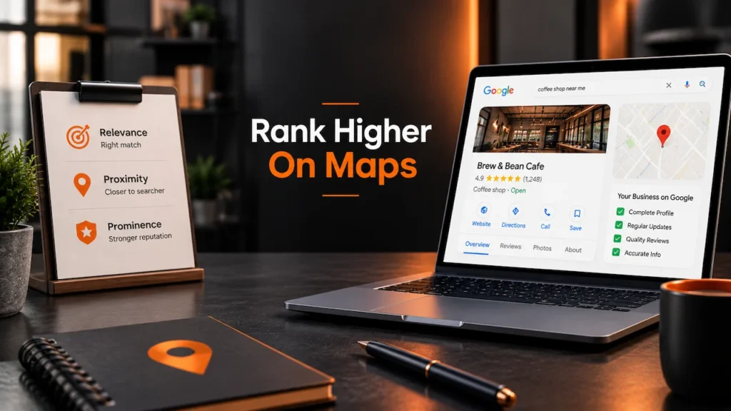 Google Business Profile ranking factors showing relevance, proximity, and prominence for higher Google Maps visibility.