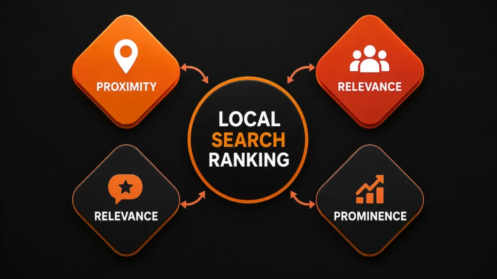 Local search ranking infographic showing proximity, relevance, and prominence factors on a professional black and orange background.