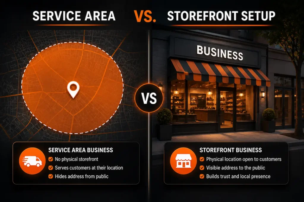 Service area vs. storefront setup infographic comparing a map-based service area business with a physical storefront location on a professional black and orange background.