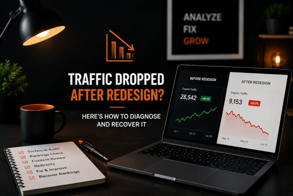 SEO traffic decline after a website redesign shown through before and after analytics dashboards and a website recovery checklist.