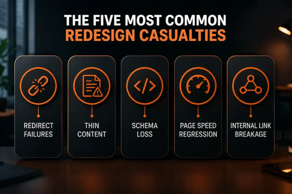 The five most common redesign casualties infographic showing redirect failures, thin content, schema loss, page speed regression, and internal link breakage.