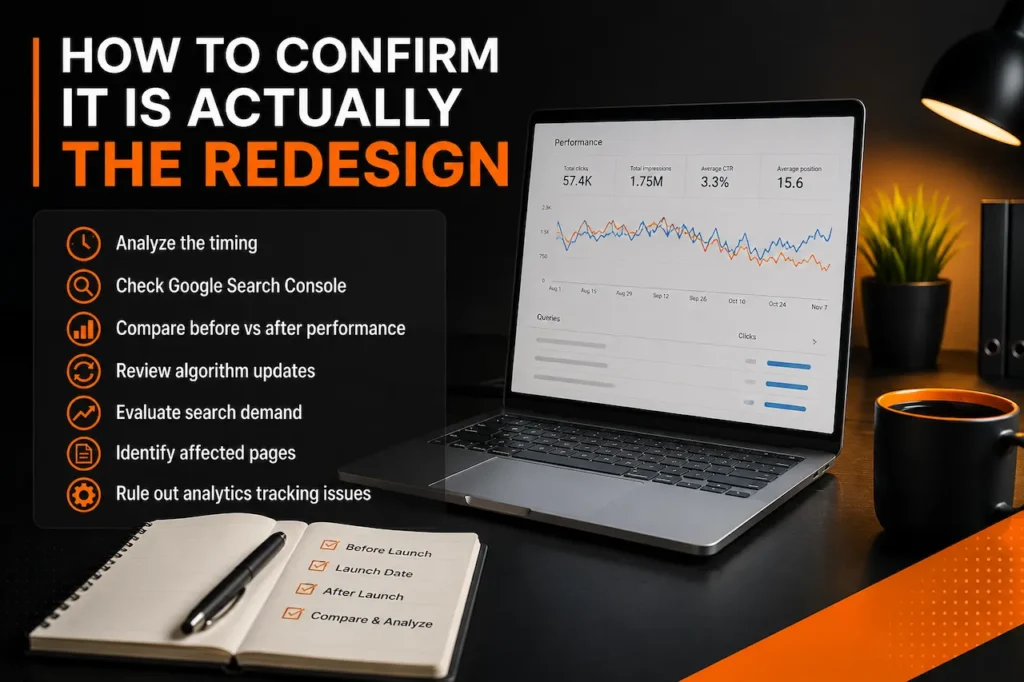 How to confirm a website traffic decline is caused by a redesign, showing performance analysis, Search Console checks, before and after comparisons, algorithm updates, and analytics tracking.