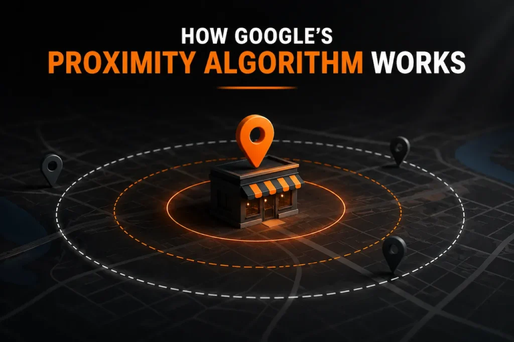 How Google’s proximity algorithm works, showing a local business location, nearby search areas, and how distance affects local search visibility.