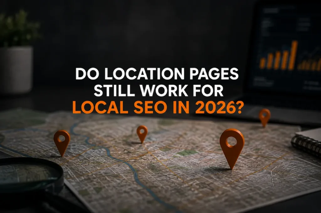 Professional map illustration with location pins representing local SEO location pages and geographic search visibility.