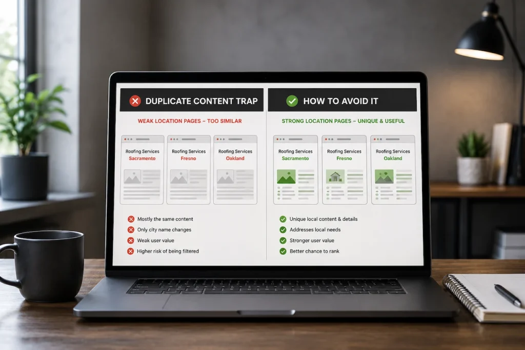 Duplicate content trap infographic comparing weak location pages with similar content against unique, locally relevant pages that provide stronger SEO value.