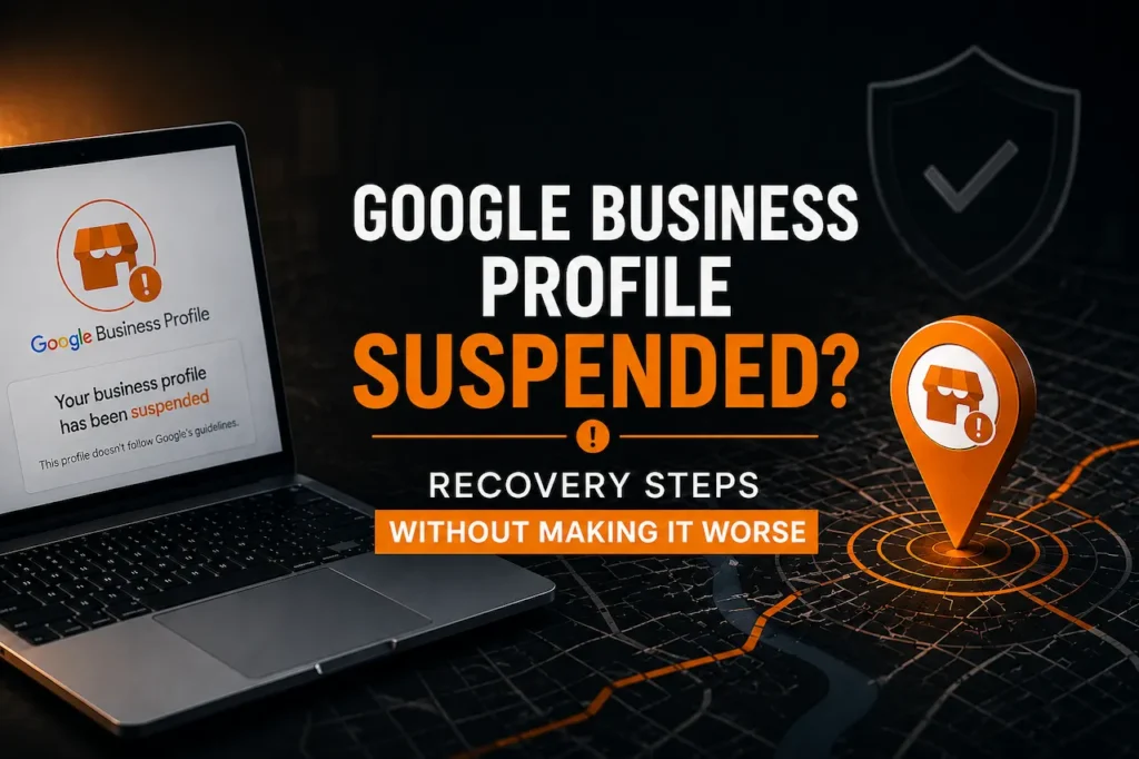 Google Business Profile suspension recovery concept showing a suspended business profile, warning icon, and Google Maps location pin.