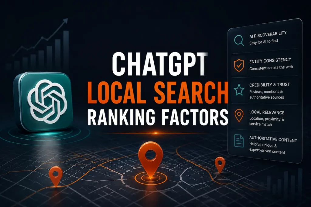 ChatGPT local search ranking factors showing AI discoverability, entity consistency, credibility, local relevance, and authoritative content.