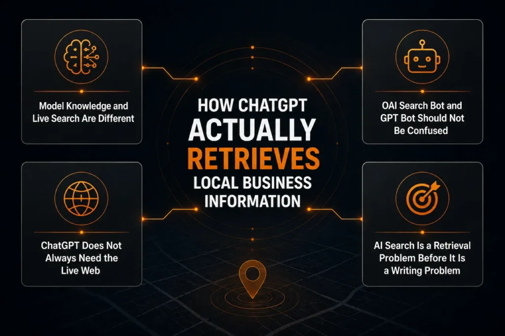 Professional infographic showing how ChatGPT retrieves local business information through model knowledge, live search, AI bots, web data, and retrieval signals.