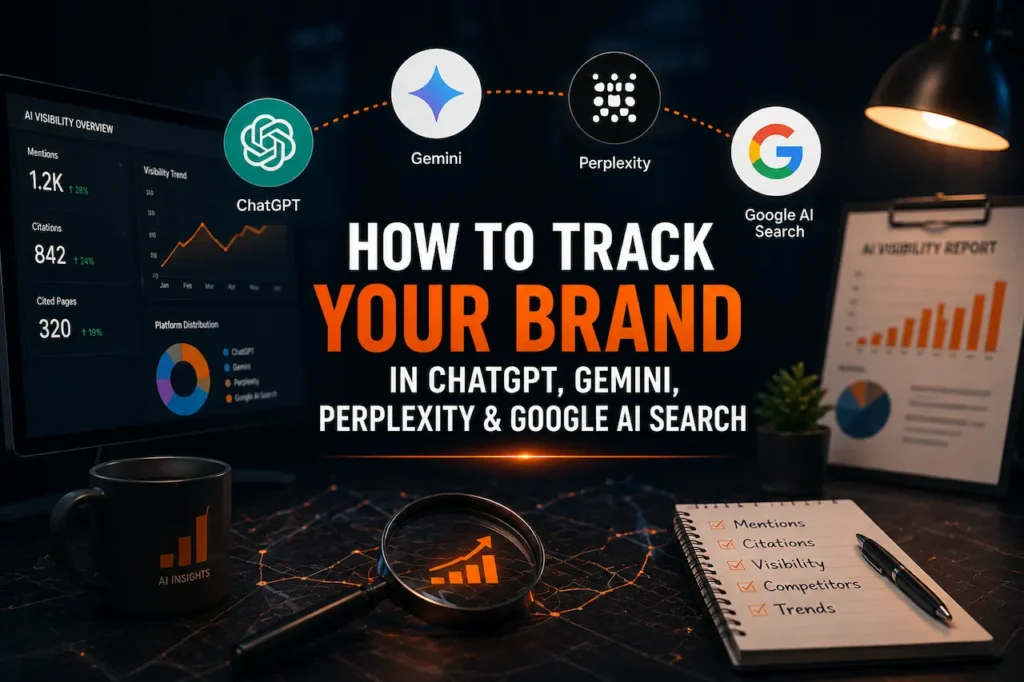 AI brand visibility tracking dashboard showing ChatGPT, Gemini, Perplexity, and Google AI Search with analytics, citations, and visibility metrics.