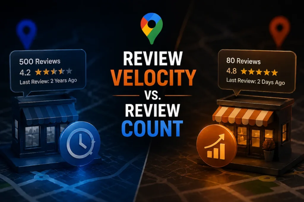 Review velocity vs. review count comparison showing old reviews, recent reviews, ratings, and local business growth for Google Maps rankings.