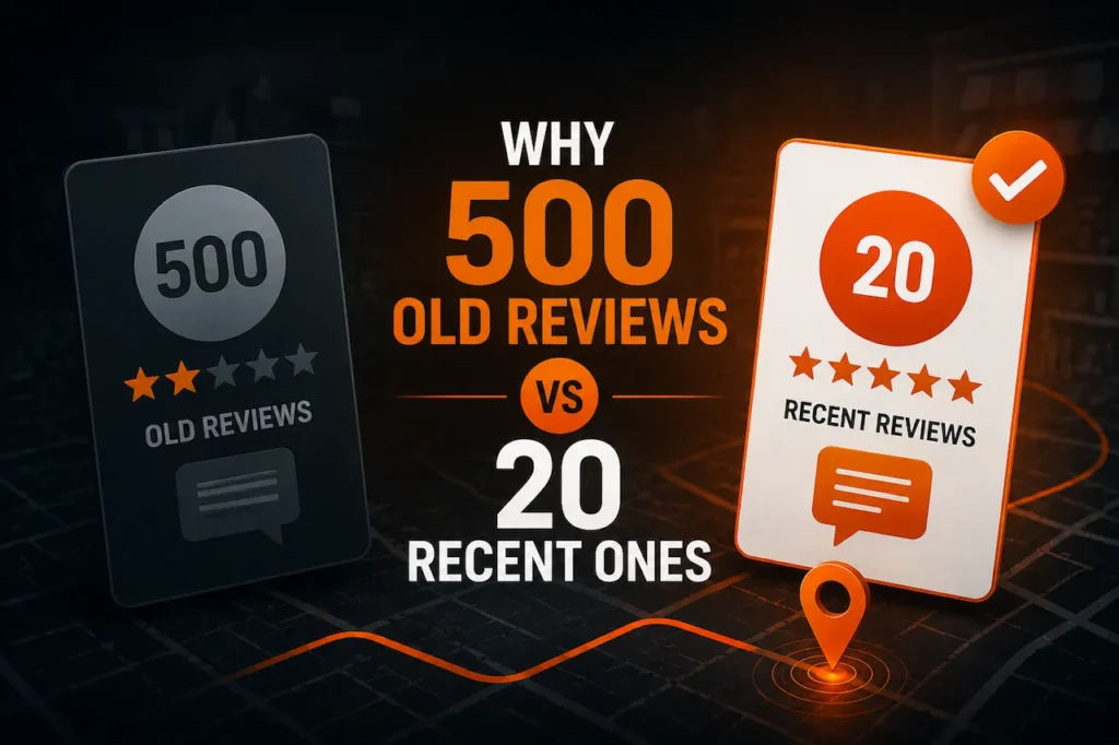 Comparison of 500 old reviews and 20 recent reviews, highlighting the importance of review recency for local business visibility.