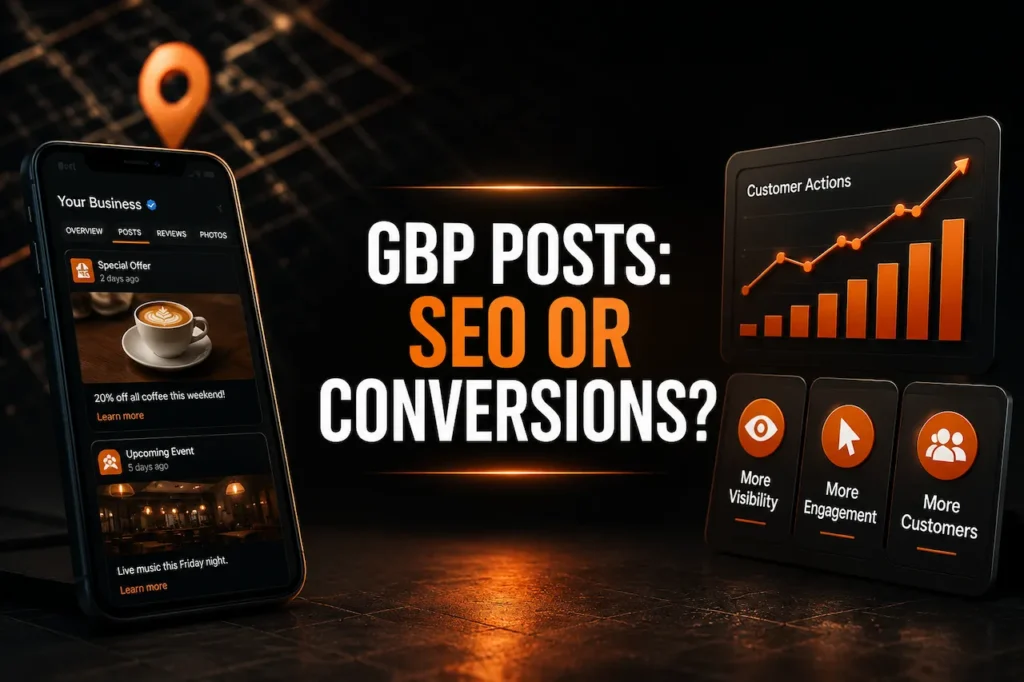Google Business Profile posts concept showing a business profile, SEO analytics, customer actions, and conversion growth on a dark orange and black background.
