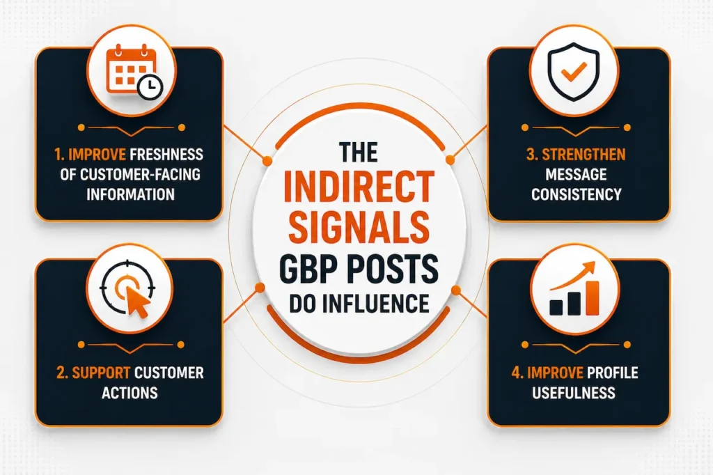 Infographic showing the indirect signals GBP posts influence, including information freshness, customer actions, message consistency, and profile usefulness.