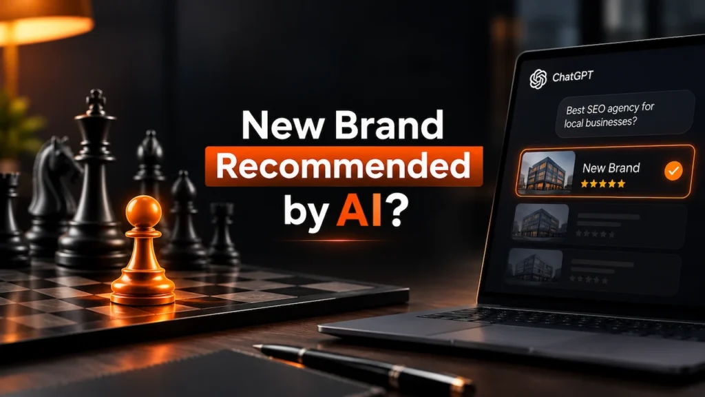 New brand recommended by AI concept showing a highlighted emerging business competing against established brands in AI search results.