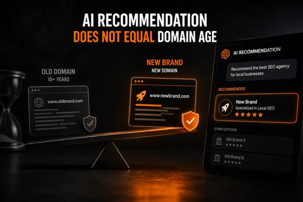 AI recommendation versus domain age concept comparing an older domain with a newer trusted brand on a dark orange and black background.