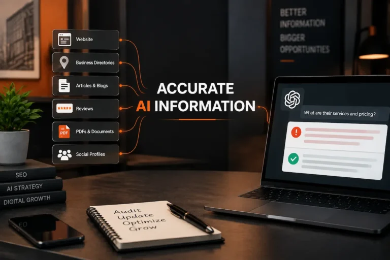 AI information accuracy workflow showing business data sources, ChatGPT responses, and verified brand information signals.