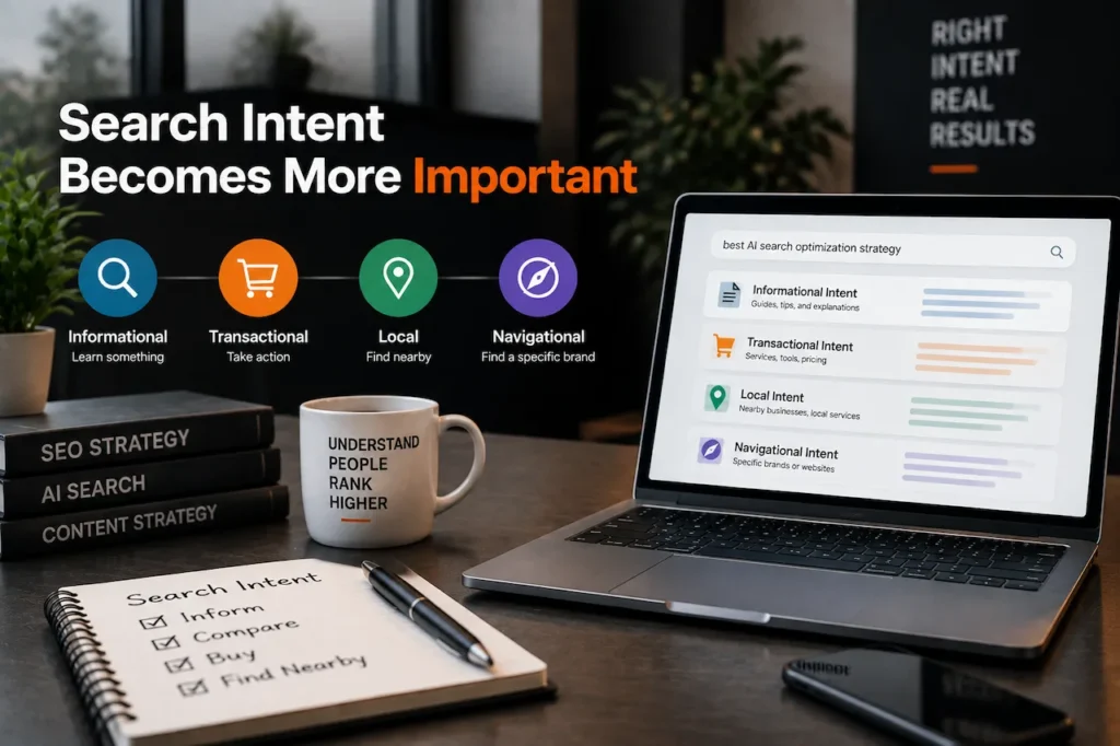 Search intent optimization concept showing informational, transactional, local, and navigational intent for AI search strategy.