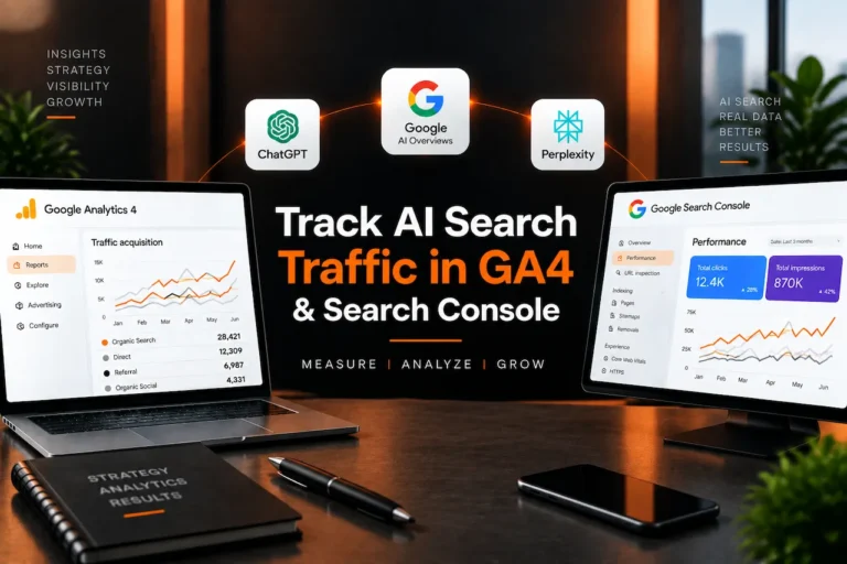 AI search traffic tracking dashboard showing GA4, Google Search Console, and AI platform analytics insights.