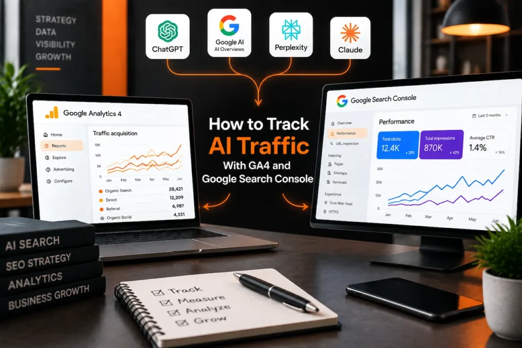 Tracking AI search traffic with GA4 and Google Search Console dashboards for AI visibility analysis.
