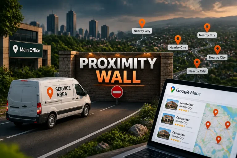 Service area business using Google Maps to test nearby city rankings and local SEO proximity limits