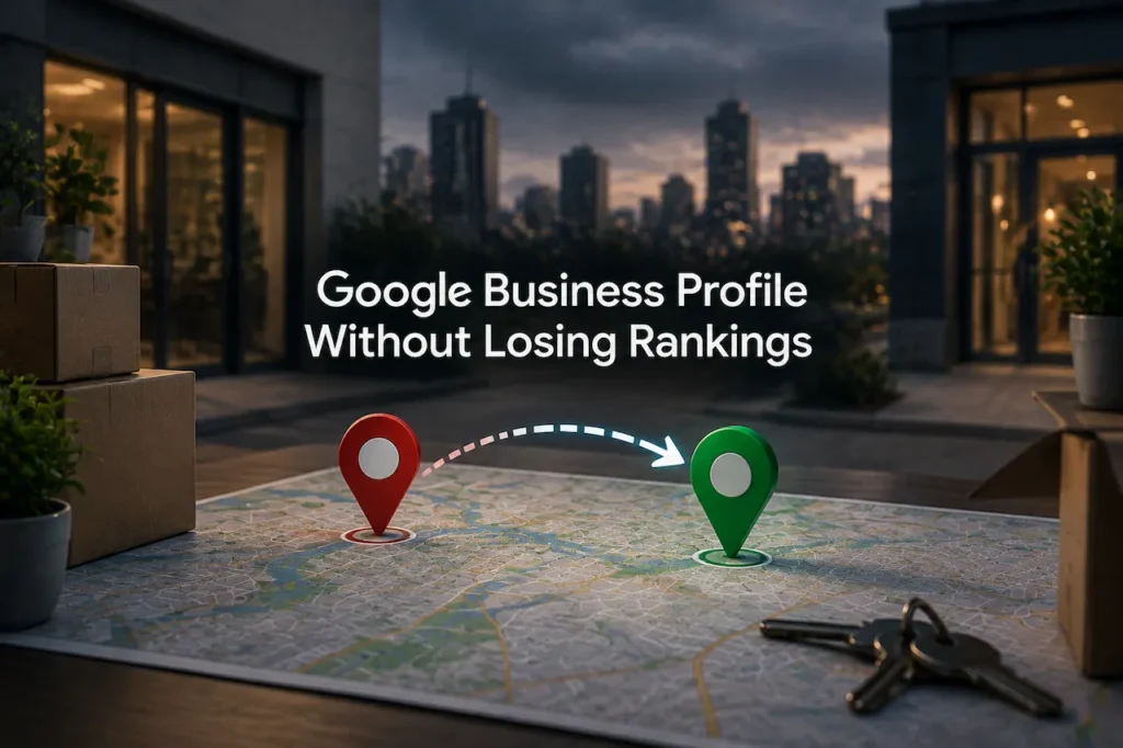 Google Business Profile relocation process showing map pins, address change, and ranking protection strategy