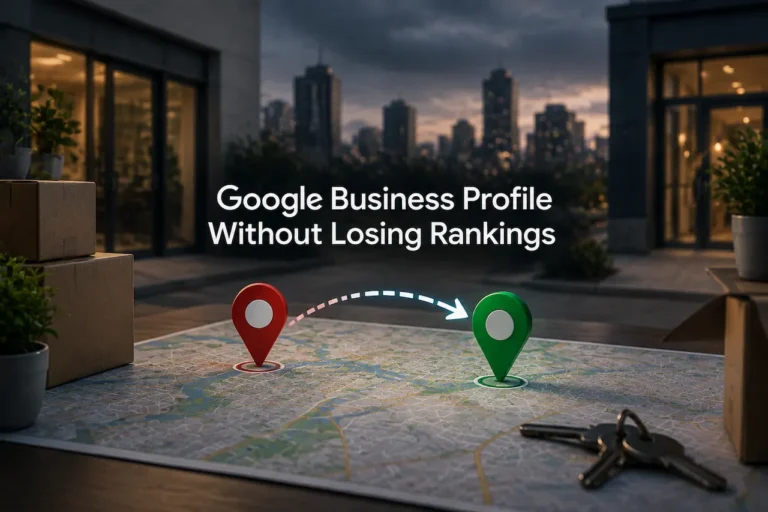 Google Business Profile relocation process showing map pins, address change, and ranking protection strategy