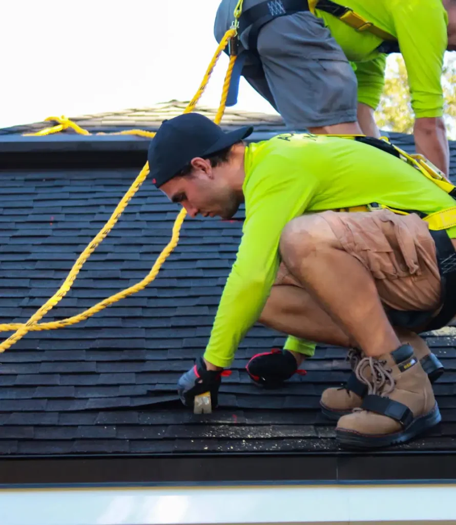 Roofer in a safety harness installing asphalt shingles on a residential roof