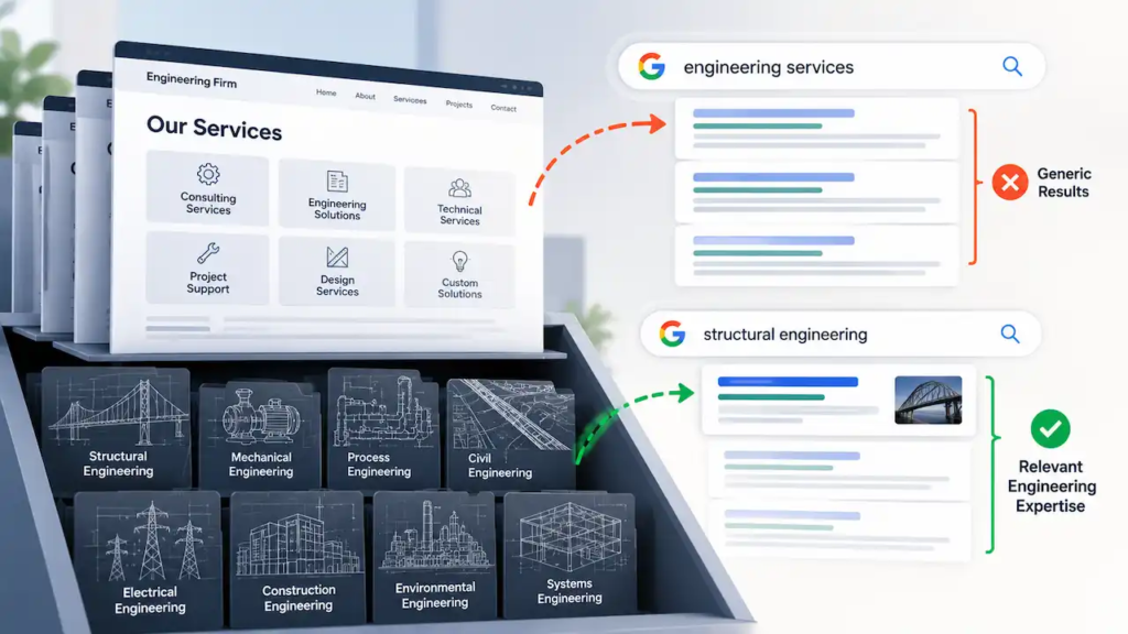 SEO for engineering firms showing how generic service pages hide technical expertise and reduce search visibility for specialized engineering services.