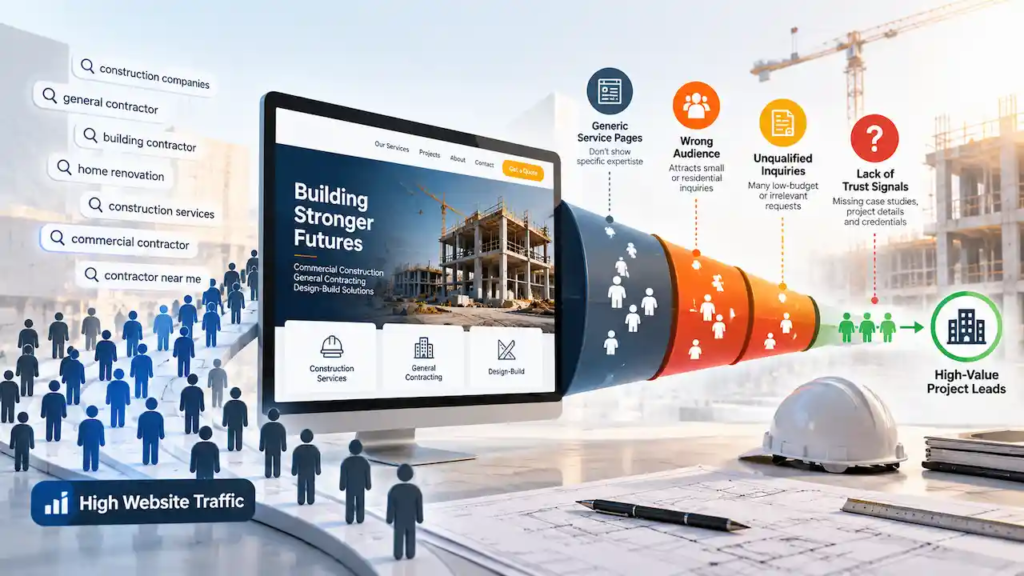Commercial construction lead generation infographic showing high website traffic, generic service pages, unqualified inquiries, and few high-value project leads.